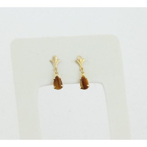 14k Yellow Gold Natural Tiger's Eye Earrings Dangle Drop - Picture 5 of 7